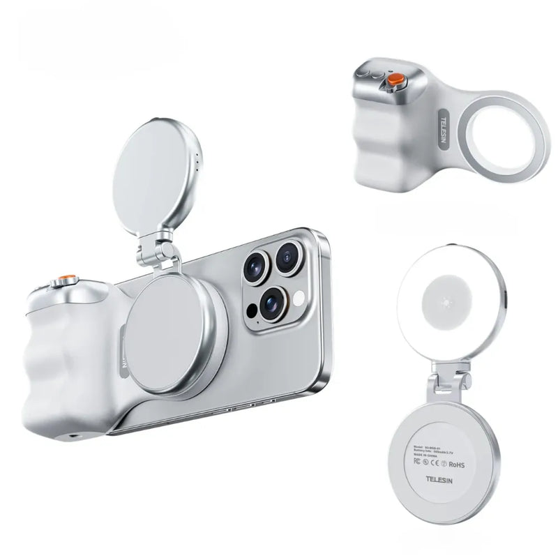 Telesin Magnetic Phone Grip with Selfie Ring Light, Adjustable Brightness, DSLR-Style Shutter, MagSafe-Compatible