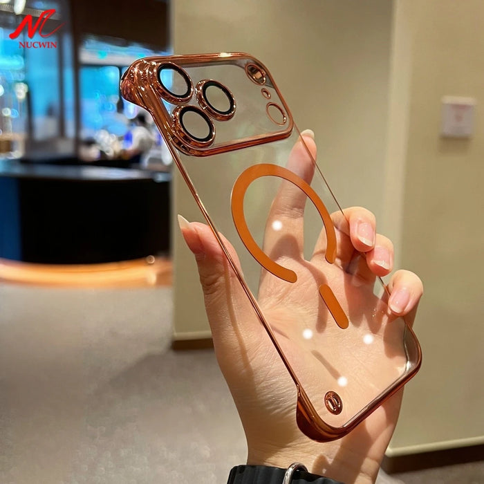 Frameless Case for iPhone 17 Pro Max Air for Magsafe Wirelss Charge Case for iPhone 13 14 15 16 Pro Max Thin PC Plating Cover
